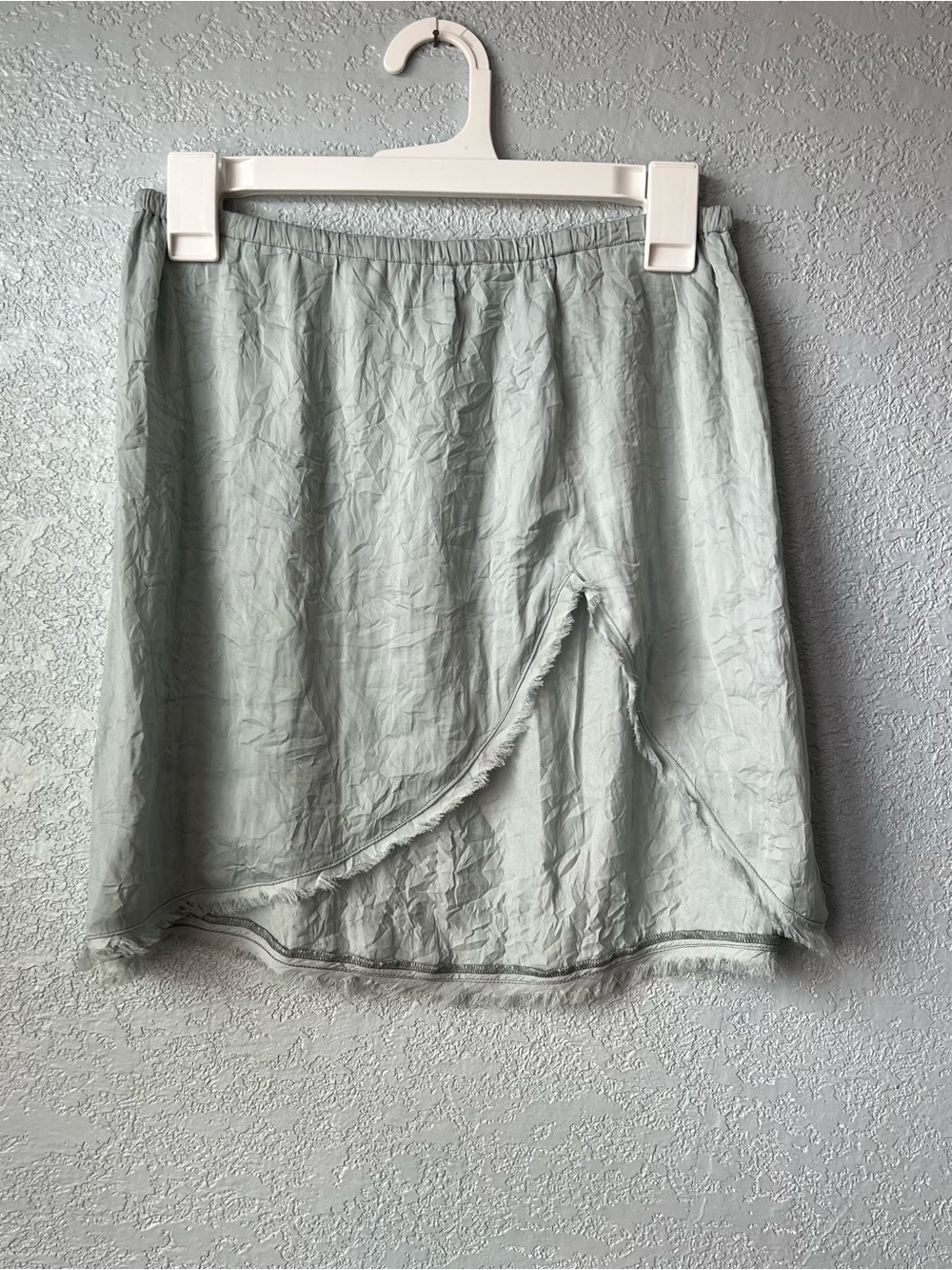 Free People Sage Green Faux Wrap Mini Skirt Raw Hem Elastic Waist Size XS